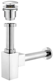 Sifone lavabo a canna quadrata cromato completo di piletta click clack universale