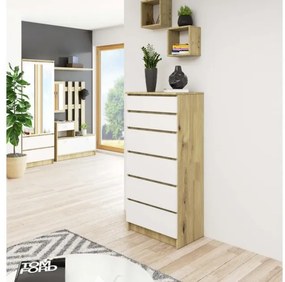 Cassettiera Moderna 60x40x130 Cm 6 Cassetti Bianco E Rovere Effetto Legno Artika