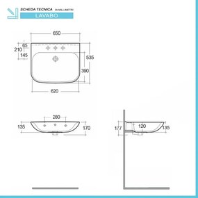 Lavabo sospeso 65 cm in ceramica bianco lucido