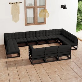 Set divani da giardino 13 pz con cuscini massello di pino nero