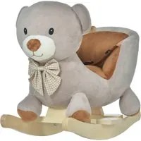 Cavallo a Dondolo per Bambini in Legno e Peluche Orso Grigio