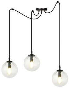 Lampadario 3 Luci Ginevra In Acciaio Nero Con Cavo Lungo E Vetri Trasparente