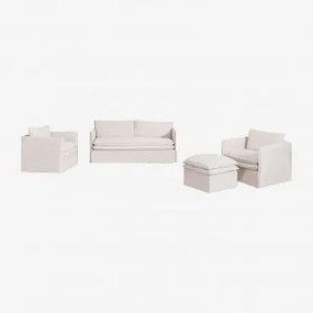 Set Da Soggiorno Grace In Lino E Cotone Con Divano 3 Posti, 2 Poltrone E Pouf Tessuto Bianco Antico - Sklum