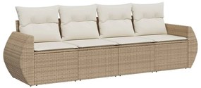 Set Divano da Giardino 4 pz con Cuscini Beige in Polyrattan