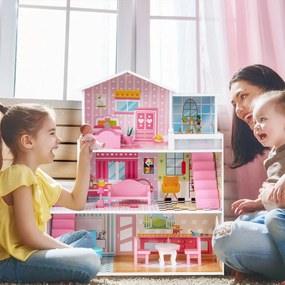 Costway Casa delle bambole in legno per bambini, Set di gioco con 5 stanze e 10 mobili carta da parati 60x25x70cm Rosa