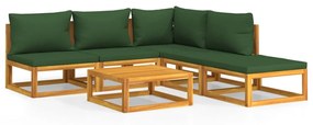 Set salotto da giardino 6pz con cuscini verdi in legno massello