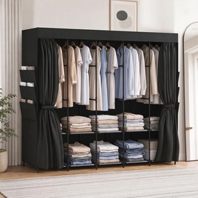 Armadio Salvaspazio 212x45x167 cm con 5 Aste 5 Ripiani 6 Tasche Laterali Ante Antipolvere con Zip in Tessuto Nero...