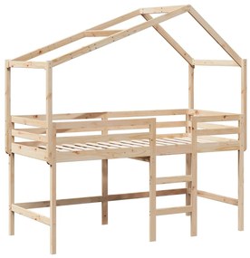 Letto soppalco con scala e tetto 90x200 cm legno massello pino