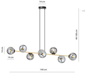 Sospensione Contemporanea Gravity 8 Luci In Acciaio Oro E Sfere In Vetro Fumè