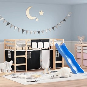 Letto A Soppalco Con Tende Bambini Bianco E Nero 80x200 Cm Pino /