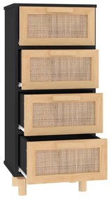 Credenza nera 40x30x90 cm legno massello pino e rattan naturale