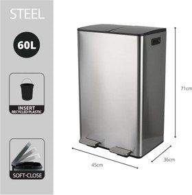 Cestino per la spazzatura color argento opaco in acciaio per raccolta differenziata/con pedale 2x30 l Aliya – Spirella