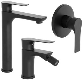Set miscelatori lavabo alto bidet e doccia Flat nero opaco con piletta