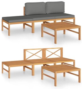 Set Divani da Giardino 4pz Cuscini Grigi Legno Massello di Teak