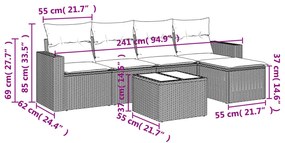 Set divano da giardino 6pz con cuscini grigio chiaro polyrattan