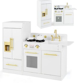 Costway Set da cucina giocattolo per bambini con frigorifero e lavastoviglie, Cucina in legno per bambini di età 3+ Bianco