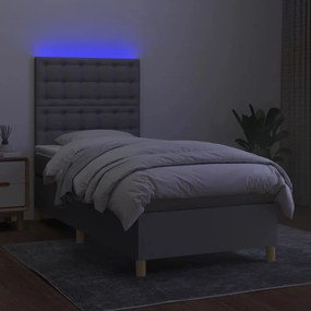 Letto a molle materasso e led grigio chiaro 90x200 cm tessuto