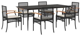 Set da pranzo da giardino 7 pz nero con cuscini in polyrattan
