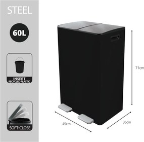 Cestino per la spazzatura nero opaco in acciaio per raccolta differenziata/con pedale 2x30 l Aliya – Spirella