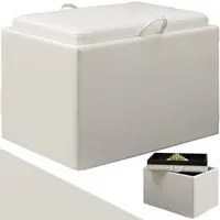 Pouf Contenitore Poggiapiedi Ecopelle Bianco Sgabello Seduta Scomparto Versatile