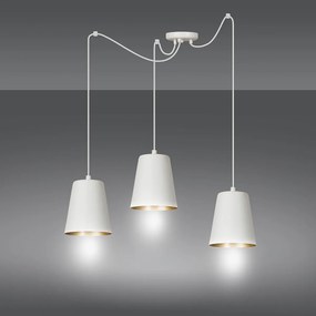 Lampadario 3 Luci Link In Acciaio Cavo Lungo E Paralumi Cono Bianco E Oro