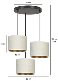Lampadario Tondo 3 Luci Ganesha In Acciaio Nero E Paralumi In Tessuto Beige