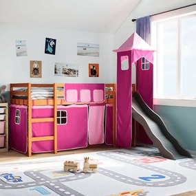 Letto A Soppalco Con Torre Bambini Rosa 90x200cm Massello Pino /
