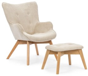 Poltrona con poggiapiedi beige con rivestimento in velluto a coste Niko – Ropez