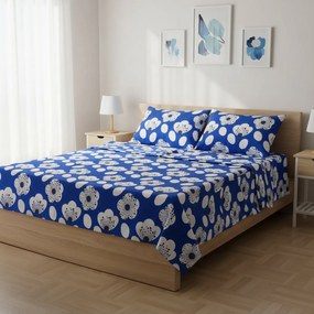 Completo letto matrimoniale blu fiori bianchi