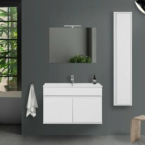 Composizione bagno sospesa 90 cm Duble bianco lucido con top e specchio