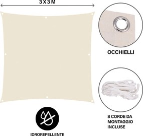 Vela Ombreggiante Quadrata 3x3 m in Cotone e Poliestere con 8 Corde di Montaggio Ecrù...