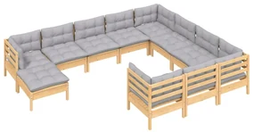 Set divani da giardino 11 pz con cuscini grigi massello di pino