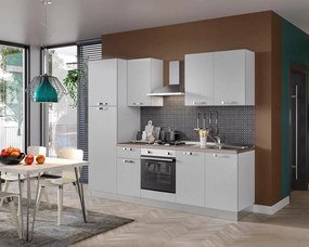 Cucina montata Dora bianco spatolato, lavello a destra, L 255 cm, completa di: cappa a camino, piano cottura a gas, forno e frigorifero