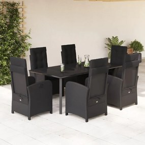 Set da pranzo da giardino 7 pz nero con cuscini in polyrattan