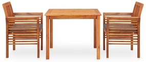 Set da pranzo da giardino 3 pz con cuscini massello di acacia