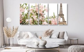 Quadri 5 pezzi – Torre Eiffel e fiori rosa