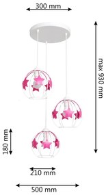 Lampadario a sospensione per bambini STARS 3xE27/15W/230V rosa/bianco