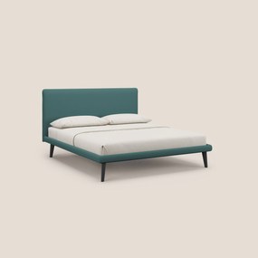 Noel letto minimal scandinavo con piedi in mogano e tessuto fiammato impermeabile T19 petrolio
