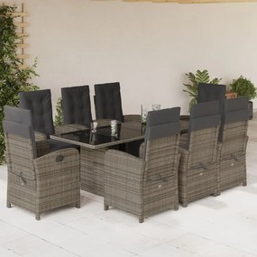 Set da pranzo da giardino 9 pz con cuscini in polyrattan grigio