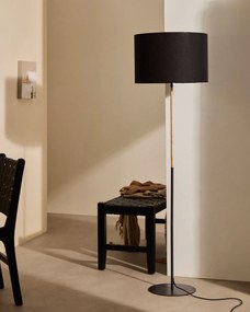 Kave Home - Piantana Canar in metallo e rattan con paralume in cotone nero