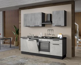 Cucina montata Dora bianco e grigio chiaro, lavello a sinistra , L 240 cm, completa di: cappa a camino, piano cottura a gas, forno e lavastoviglie