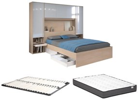 Letto con LED e vani portaoggetti 140 x 190 cm Naturale e Bianco lucido + Rete + Materasso - VELONA