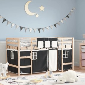Letto A Soppalco Con Tende Bambini Bianco E Nero 90x200 Cm Pino /