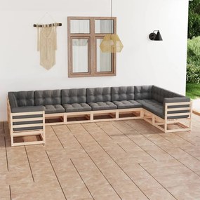 Set Salotto Giardino 10pz Cuscini Antracite Legno Massello Pino