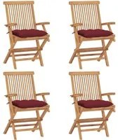 Sedie da Giardino con Cuscini Rosso Vino 4 pz Massello di Teak 3065641