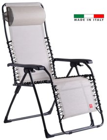 Sedia a sdraio da giardino in acciaio con braccioli pieghevole Movida FIAM, seduta in textilene beige e bianco