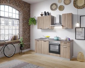 Cucina montata Dora rovere chiaro, lavello a sinistra, L 195 cm, completa di: cappa a camino, piano cottura a induzione, forno