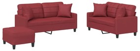 Set di divani 3 pz con cuscini rosso vino in similpelle