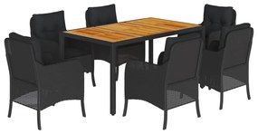Set da pranzo da giardino 7 pz nero con cuscini in polyrattan