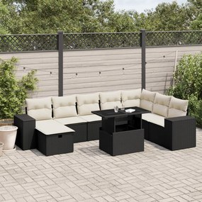 Set divani da giardino 9 pz con cuscini nero in polyrattan